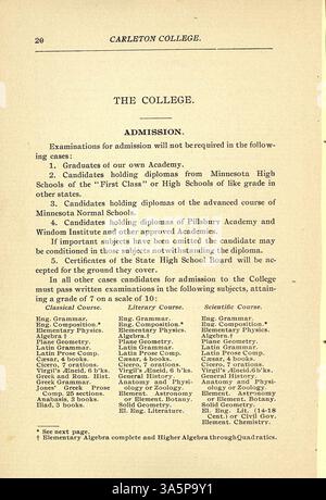 Der Katalog des Carleton College 1896-1897 enthält Informationen zu Kursen, Dozenten, Studenten, Institutionengeschichte und wichtigen akademischen Details wie Zulassungsvoraussetzungen. Stockfoto