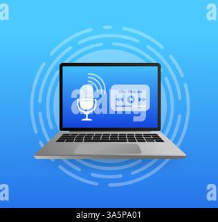Designvorlage mit Podcast-Display. Design der mobilen Schnittstelle. Laptop-Bildschirm. Vorlage für Media Player. Podcast-Symbolvektor. Stock Vektor