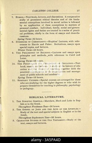 Der Katalog des Carleton College 1896-1897 bietet einen Überblick über Kurse, Dozenten, Studenten, Abteilungsdetails, historische Skizzen, und Eintrittsbedingungen. Stockfoto