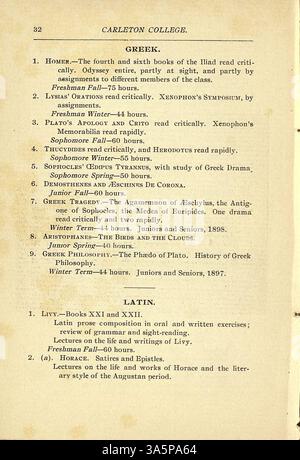 Dieser Katalog des Carleton College für 1896-1897 enthält einen detaillierten Überblick über die Kurse des Colleges, die Studentenliste, die Fakultät, historische Informationen und die Zulassungsbedingungen. Stockfoto