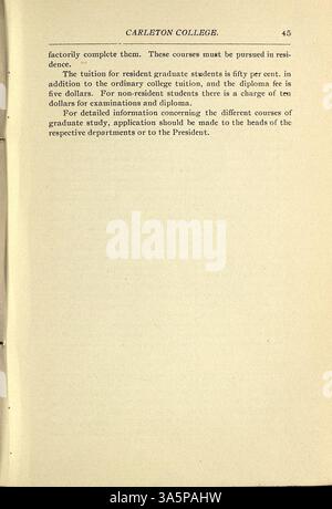 Der Katalog des Carleton College für 1896-1897 bietet umfassende Details zu akademischen Programmen, Fakultäten, Studentenlisten und institutionellen Aspekten wie Zulassung und Ehrendokumenten. Stockfoto