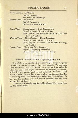 Der Katalog des Carleton College 1896-1897 enthält Details zu Studiengängen, Studierenden, Dozenten, Zulassungsbedingungen, Ehrendokumenten, und Abteilungsbeschreibungen. Stockfoto