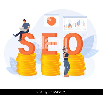 SEO-Optimierung, Webanalysen und seo-Marketing Social-Media-Konzept. Analyse und Überwachung von Geschäftsmitarbeitern auf dem Dashboard-Monitor für Webberichte Stock Vektor