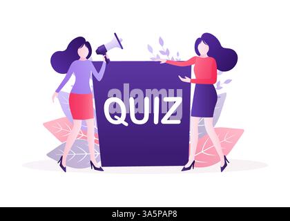 Flache Illustration mit Quizleuten mit Megaphon für Computerspieldesign. Computerbildschirm. Vektorgrafik des Smartphones. Vektorzeichen. Stock Vektor