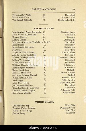 Der Katalog des Carleton College 1896-1897 enthält Details zu Kursen, Dozenten, Studenten, Ehrendokumenten, Zulassungsrichtlinien, Abteilungsbeschreibungen und Alumni. Stockfoto