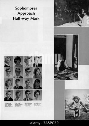 Das Jahrbuch „Antler“ der Minnehaha Academy 1965 bietet einen Überblick über das Schuljahr 1964-1965, einschließlich Abschnitten über Schüler, Dozenten, Sportmannschaften und Schulvereine. Stockfoto