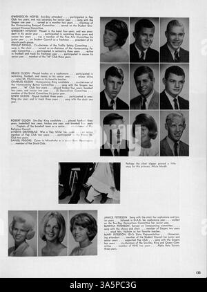 Das Jahrbuch „Antler“ der Minnehaha Academy 1965 bietet einen umfassenden Überblick über das Schuljahr und dokumentiert Schüler, Dozenten, Sport, außerschulische Aktivitäten, und Schulveranstaltungen von 1964 bis 1965. Stockfoto