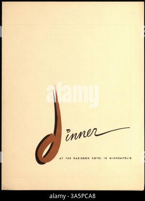 Dieses zweifach geöffnete Abendmenü des Hotel Radisson Minneapolis bietet eine Auswahl an Vorspeisen, Meeresfrüchten, Steaks, Salaten, Desserts, und Getränke. Das Menü umfasst Zimmerservice und ist schlicht und sauber gestaltet. Stockfoto