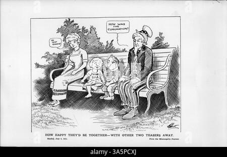 Dieser politische Zeichentrick zeigt, wie Onkel Sam das kanadische Gegenseitigkeitsabkommen diskutiert, das durch zwei „Teaser“ behindert wird – das Wollgesetz und die Freiliste des Bauern. Diese Änderungen verzögerten die Verabschiedung des Abkommens, über das seit Monaten verhandelt wurde. Stockfoto