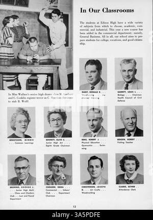 Im Jahrbuch der Edison High School 1955, „The Wizard for 1955“, werden Schülerschaft, Leichtathletik, Vereine, Lehrkräfte und Schulveranstaltungen aus dem Schuljahr 1954-1955 vorgestellt. Stockfoto