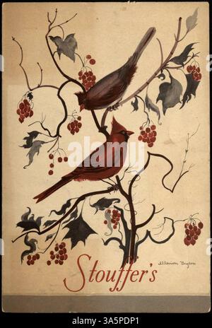 Dieses zweifach gefaltete Menü von Stouffer's zeigt eine Titelabbildung von Kardinälen mit der Unterschrift des Künstlers. Die Speisekarte umfasst Sandwiches, Salate, Hauptgerichte und Desserts und bietet eine Vielzahl von Mittagsoptionen. Stockfoto