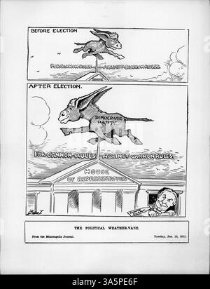 Dieser politische Zeichentrick zeigt den demokratischen Esel, der die Richtung ändert und symbolisiert die Veränderungen in der politischen Haltung des designierten Präsidenten Champ Clark zu den Regeln des Hauses, die 1910 in der New York Times berichtet wurden. Stockfoto