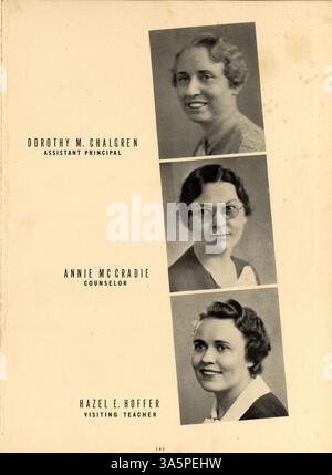 Die Ausgabe 1937 des Sagamore Jahrbuchs der Roosevelt High School spiegelt das Schülerleben, die Vereine, die Leichtathletik und die wichtigsten Ereignisse des Schuljahres 1936-1937 wider. Stockfoto