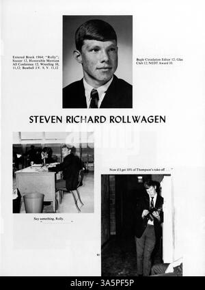 Die Ausgabe 1968 des Mustang Yearbook dokumentiert das akademische Jahr der Breck School und konzentriert sich auf die Leistungen der Schüler, sportliche Veranstaltungen, Schulclubs und Beiträge der Fakultät. Stockfoto