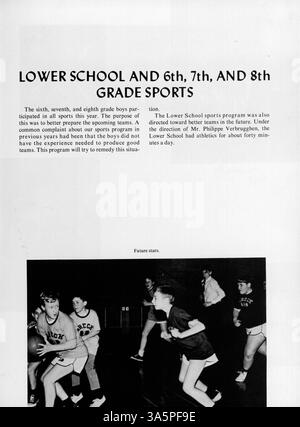 Diese Ausgabe des Mustang Jahrbuchs 1968 dokumentiert die akademischen, sportlichen und außerschulischen Leistungen der Breck School, wobei der Schwerpunkt auf Schülerveranstaltungen und dem Schulleben aus dem Jahr 1967-1968 liegt. Stockfoto