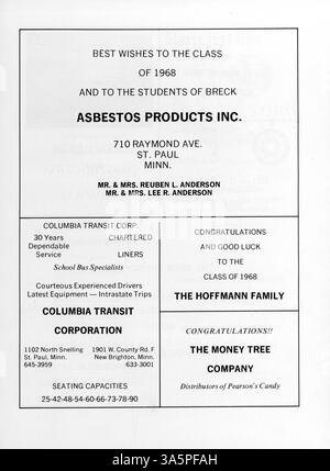 Das Mustang Jahrbuch 1968 der Breck School dokumentiert die Höhepunkte der Schüleraktivitäten, der Leichtathletik und der akademischen Leistungen des Schuljahres 1967-1968. Stockfoto