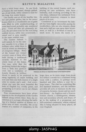 Keith’s Magazine, eine 1916 erschienene Publikation des Minneapolis-Architekten Max L. Keith, präsentiert Hausentwürfe mit detaillierten Beschreibungen, Illustrationen und Kostenaufgliederungen. Die Ausgaben enthalten auch Artikel über Wohnbau, Landschaftsarchitektur und Innendekoration, mit einer Reihe von Werbeanzeigen für Baumaterialien und Möbel. Einige Bände enthalten Entwürfe für Schulen und Kirchen. Stockfoto
