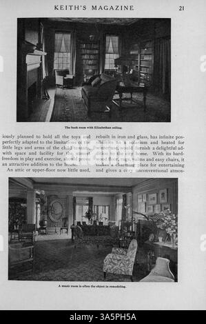 Keith's Magazine, eine Publikation des Architekten Max L. Keith aus dem Jahr 1916, bietet eine breite Palette an Wohndesigns, einschließlich Grundrissen, Fotos und Kostenaufteilungen. Das Magazin enthält auch Artikel über Wohnbau, Innenarchitektur, Landschaftsgestaltung und Werbung für Materialien und Möbel. Einige Ausgaben zeigen Pläne für Kirchen und Schulen. Stockfoto