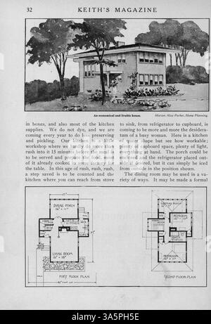 Keith's Magazine, das erstmals 1916 veröffentlicht wurde, zeigt zwölf monatliche Ausgaben mit Grundrissen, Hausentwürfen und Kostenschätzungen. Das Magazin enthält Artikel über Wohnbau, Inneneinrichtung und Landschaftsgestaltung sowie Werbung für Wohnmöbel und Baumaterialien. Einige Themen umfassen Pläne für Nichtwohngebäude wie Kirchen und Schulen. Stockfoto