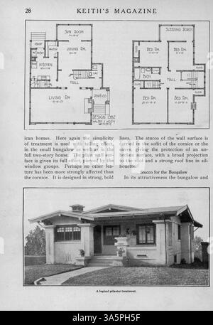 Keith's Magazine, veröffentlicht 1916, präsentiert zwölf monatliche Ausgaben mit Hausentwürfen, Illustrationen, Grundrissen und Kostendetails. Das Magazin enthält Fachartikel über Wohngebäude, Inneneinrichtung und Landschaftsgestaltung. Werbung für Baustoffe und Möbel sowie Pläne für nicht-Wohngebäude sind ebenfalls enthalten. Bei mehreren Problemen fehlen Seiten. Stockfoto