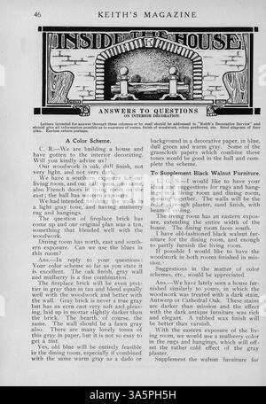 Das monatlich im Jahr 1916 erschienene Keith's Magazine zeigt Hausentwürfe, Grundrisse und Baukosten mit ausführlichen Artikeln über Wohnbau, Inneneinrichtung und Landschaftsgestaltung. Das Magazin zeigt auch Werbung für Baumaterialien, Möbel und Accessoires. Zu den Themen gehören Entwürfe für Schulen und Kirchen. Fehlende Seiten auf einigen Volumes. Stockfoto