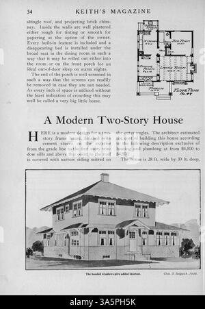 Im Jahr 1916 veröffentlichte das Keith’s Magazine zwölf monatliche Ausgaben mit Grundrissen und Hausentwürfen, einschließlich detaillierter Baukostenschätzungen. Das Magazin enthält Artikel über Wohnbau, Innenarchitektur und Landschaftsarchitektur sowie Werbung für Baustoffe und Möbel. Es enthält auch Pläne für Kirchen und Schulen. Bei mehreren Problemen fehlen Seiten. Stockfoto