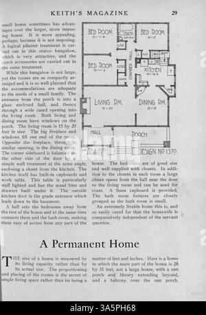 Keith's Magazine von 1916 enthält zwölf monatliche Ausgaben mit Hausentwürfen, Grundrissen und Beschreibungen, einschließlich Baukosten. Das Magazin beleuchtet Artikel über Wohnbau, Inneneinrichtung und Landschaftsgestaltung mit Werbespots für Möbel und Baumaterialien. Es enthält auch Pläne für Kirchen und Schulen, obwohl einige Ausgaben Seiten fehlen. Stockfoto