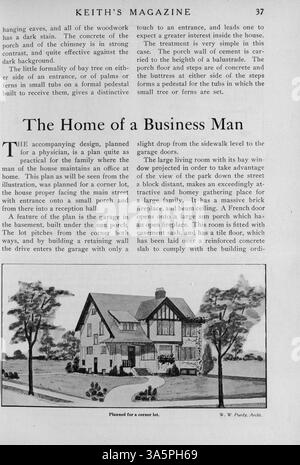 Keith’s Magazine, das 1916 veröffentlicht wurde, enthält zwölf Ausgaben zu Hausentwürfen, Grundrissen und Kostenschätzungen. Das Magazin enthält Artikel über Wohnbau, Inneneinrichtung und Landschaftsgestaltung sowie Werbung für Baumaterialien und Wohnmöbel. Einige Ausgaben enthalten Pläne für Kirchen und Schulen, und einige Ausgaben fehlen Seiten. Stockfoto