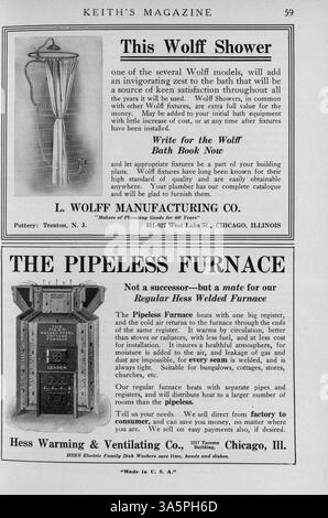 Das Keith's Magazine von 1916 erscheint monatlich vom Architekten Max L. Keith und bietet Hausentwürfe mit begleitenden Illustrationen, Grundrissen und detaillierten Kostenbeschreibungen. Es enthält auch Artikel über Inneneinrichtung, Wohnmöbel, Landschaftsgestaltung und Werbung für Baumaterialien. Einige Ausgaben betreffen Entwürfe für Schulen und Kirchen. Stockfoto