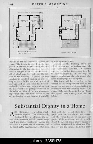 Diese 1916 erschienene Publikation, herausgegeben von Max L. Keith, zeigt eine Vielzahl von Hausentwürfen durch detaillierte Illustrationen und Grundrisse. Es bietet auch Ratschläge zu Baumaterialien, Hausbau, Inneneinrichtung und Landschaftsgestaltung. Zu den Themen gehören Pläne für Kirchen und Schulen. Fehlende Seiten in bestimmten Volumes. Stockfoto