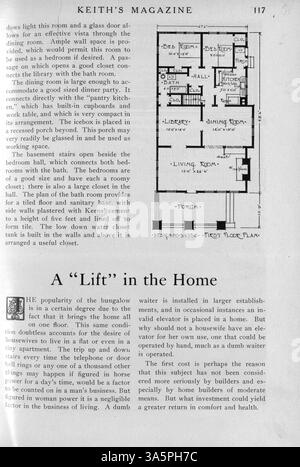Das Keith’s Magazine, das 1916 vom Architekten Max L. Keith monatlich veröffentlicht wurde, zeigt Illustrationen, Fotografien und Grundrisse von Hausentwürfen in verschiedenen Stilen aus dem frühen 20. Jahrhundert. Es enthält detaillierte Beschreibungen, Baukosten und Artikel über Wohngebäude, Inneneinrichtung und Landschaftsgestaltung. Werbeanzeigen für Wohnmöbel und -Materialien sind ebenfalls enthalten. Einige Ausgaben betreffen Entwürfe für Kirchen und Schulen. Band 35, Nr. 2 und 35, nein 3 fehlende Seiten. Stockfoto