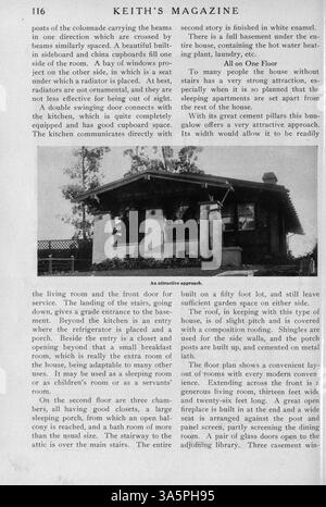 Keith’s Magazine, herausgegeben von Max L. Keith, ist eine Publikation aus dem Jahr 1916, die Ideen für das Design von Häusern, Grundrissen und Fotos aus dem frühen 20. Jahrhundert anbietet. Sie umfasst detaillierte Baukosten, Artikel über Wohnbau und Einrichtung sowie Werbespots für Materialien und Möbel. Einige Ausgaben enthalten auch Pläne für Kirchen und Schulen. Seiten aus den Bänden 35 und 36 fehlen. Es dient als Ressource für Architekten, Hausbesitzer und Bauherren. Stockfoto
