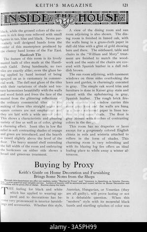 Das Keith's Magazine erschien monatlich im Jahr 1916 und zeigt architektonische Entwürfe mit Grundrissen, Fotos und Artikeln zum Wohnbau, zur Landschaft und zur Inneneinrichtung. Das Magazin enthält Werbung für Möbel und Materialien. Einige Themen konzentrieren sich auf Baupläne für Kirchen und Schulen. Fehlende Seiten auf einigen Volumes werden identifiziert. Die Publikation ist nach wie vor eine wertvolle Quelle für Baupraktiken des frühen 20. Jahrhunderts. Stockfoto