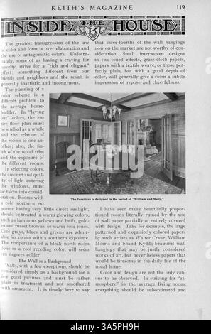 Keith’s Magazine, eine monatliche Publikation von Max L. Keith aus dem Jahr 1916, zeigt Hausentwürfe, Grundrisse und Baukosten. Das Magazin enthält auch Artikel über Inneneinrichtung, Landschaftsgestaltung und Baumaterialien. Einige Ausgaben enthalten Pläne für Kirchen und Schulen. Fehlende Seiten aus bestimmten Ausgaben haben keinen Einfluss auf den Wert des Magazins als Ressource für Bau- und Gestaltungsideen des frühen 20. Jahrhunderts. Stockfoto