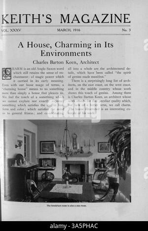 Keith’s Magazine, das 1916 vom Architekten Max L. Keith veröffentlicht wurde, präsentiert architektonische Entwürfe, detaillierte Baukosten und Ideen für die Innenarchitektur von Häusern verschiedener Stile. Neben Hausplänen umfasst das Magazin Landschaftsgestaltung und Baustoffwerbung. Einige Ausgaben enthalten auch Pläne für Kirchen, Schulen und andere Gebäudetypen. Die Publikation ist wertvoll für das Studium der Architektur des frühen 20. Jahrhunderts. Stockfoto