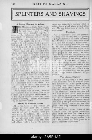 Keith’s Magazine on Home Building, das 1916 monatlich von Max L. Keith veröffentlicht wurde, zeigt Hausentwürfe, Grundrisse und Architekturstile aus dem frühen 20. Jahrhundert. Es umfasst detaillierte Baukosten, Ideen für Inneneinrichtung und Landschaftsgestaltung sowie Werbung für Wohnmöbel und Baumaterialien. Einige Ausgaben enthalten auch Entwürfe für Kirchen und Schulen. Bei mehreren Volumes fehlen Seiten. Stockfoto