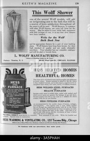 Keith’s Magazine, eine 1916 monatliche Zeitschrift von Max L. Keith, ist eine Quelle für Hausentwürfe und Baupläne aus dem frühen 20. Jahrhundert. Sie umfasst Grundrisse, detaillierte Beschreibungen und geschätzte Baukosten. Die Publikation enthält auch Artikel über Wohnbau, Inneneinrichtung und Landschaftsarchitektur sowie Werbung für Wohnmöbel und Baumaterialien. Einige Ausgaben enthalten Pläne für Schulen und Kirchen. Fehlende Seiten in den Bänden 35 und 36. Stockfoto