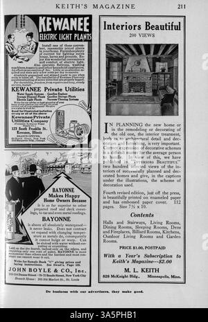 Keith’s Magazine, eine Zeitschrift, die 1916 vom Architekten Max L. Keith veröffentlicht wurde, zeigt verschiedene Wohndesigns mit Grundrissen, Fotos und Beschreibungen. Das Magazin enthält Artikel über Wohnbau, Inneneinrichtung und Landschaftsgestaltung. Einige Ausgaben enthalten auch Pläne für Schulen und Kirchen, wobei in bestimmten Bänden Seiten fehlen. Stockfoto