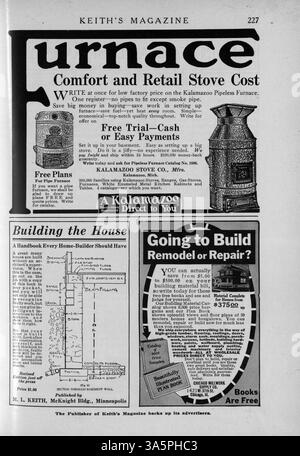 Max L. Keith’s Magazine von 1916 präsentiert Hausentwürfe mit detaillierten Grundrissen und Baukostenaufgliederungen. Das Magazin befasst sich mit Themen der Innenarchitektur und Landschaftsgestaltung sowie mit Werbung für Baustoffe, Wohnmöbel und Accessoires. In einigen Ausgaben sind auch Entwürfe für Schulen und Kirchen enthalten. Fehlende Seiten werden in mehreren Volumes gemeldet. Stockfoto