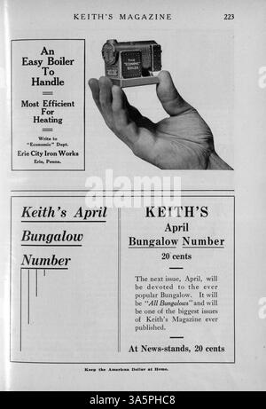 Max L. Keith's Magazine von 1916 enthält Hausentwürfe, Grundrisse und Artikel über Baukosten. Das Magazin bietet auch Inhalte zur Innenarchitektur und Landschaftsgestaltung sowie Werbespots für Baumaterialien und Wohnmöbel. Gelegentlich bietet sie Pläne für Schulen und Kirchen an. Bei bestimmten Problemen fehlen Seiten. Stockfoto