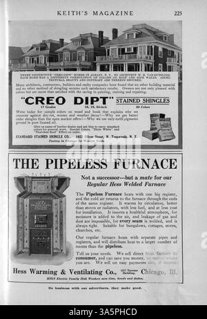 Das 1916 von Max L. Keith veröffentlichte Keith's Magazine enthält monatliche Ausgaben mit Hausentwürfen, Grundrissen und Kostenschätzungen. Es umfasst Artikel über Innenarchitektur und Landschaftsarchitektur sowie Werbung für Baustoffe und Möbel. Einige Ausgaben präsentieren Entwürfe für Kirchen und Schulen. Fehlende Seiten werden in bestimmten Bänden festgestellt. Stockfoto