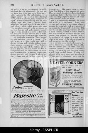 Max L. Keith’s Magazine, das 1916 veröffentlicht wurde, enthält monatliche Ausgaben mit Grundrissen und Hausentwürfen mit Baukosten. Darüber hinaus enthält das Magazin Artikel über Innenarchitektur und Landschaftsgestaltung, Werbung für Baustoffe und Wohnmöbel sowie Pläne für verschiedene Gebäude wie Kirchen und Schulen. Bei bestimmten Problemen fehlen Seiten. Stockfoto
