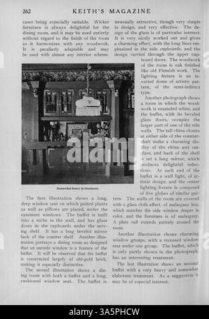 Keith’s Magazine, eine Publikation von Max L. Keith aus dem Jahr 1916, bietet eine monatliche Serie mit Hausentwürfen, Grundrissen und Baukosten. Das Magazin erforscht architektonische Trends der Zeit, einschließlich Wohn- und Geschäftsdesigns. Es bietet auch Tipps für Landschaftsgestaltung und Innenarchitektur sowie Werbung für Baumaterialien und Wohnmöbel. Zu den Themen gehören Entwürfe für Schulen und Kirchen. Stockfoto