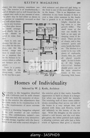 Keith’s Magazine, das erstmals 1916 von Max L. Keith veröffentlicht wurde, enthält Illustrationen, Grundrisse und Fotografien für verschiedene Wohndesigns. Jede Ausgabe enthält Beschreibungen, Kosten und andere verwandte Artikel zu Wohnbau, Dekoration und Landschaft. Einige Ausgaben enthalten Pläne für Bildungs- und religiöse Gebäude. Fehlende Seiten in bestimmten Volumes. Stockfoto