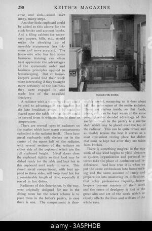 Keith's Magazine von 1916, herausgegeben vom Architekten Max L. Keith, bietet monatliche Ausgaben mit Schwerpunkt auf Wohndesign und Wohnbau. Die Publikation enthält detaillierte Pläne für Häuser, Inneneinrichtung, Landschaftsgestaltung und Baukosten. Es zeigt auch Werbung für Möbel und Baumaterialien sowie Architekturpläne für Schulen und Kirchen. Bei einigen Problemen fehlen Seiten. Stockfoto