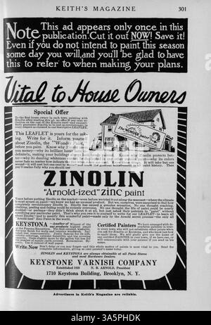 Das Keith’s Magazine, das monatlich vom Minneapolis-Architekten Max L. Keith herausgegeben wird, enthält zwölf Ausgaben mit Illustrationen, Fotografien und Grundrissen aus den frühen 1900er Jahren Diese Entwürfe umfassen eine Vielzahl von Architekturstilen, detaillierte Gebäudekosten und Ideen zur Inneneinrichtung. Sie enthält auch Artikel über Landschaftsgestaltung und Werbung für Möbel, Accessoires und Baumaterialien. Einige Punkte umfassen Pläne für Nichtwohngebäude. Stockfoto