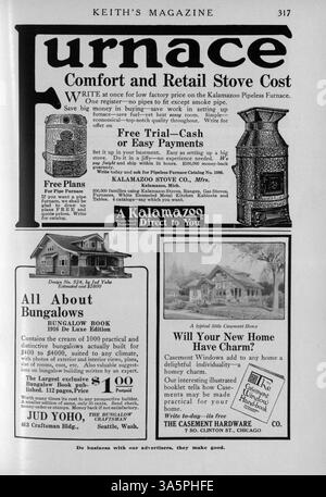 Keith’s Magazine, das erstmals 1916 veröffentlicht wurde, ist eine monatliche Publikation des Architekten Max L. Keith aus Minneapolis. Es zeigt Wohndesigns, Grundrisse und Fotos und bietet praktische Details zu den Kosten für den Bau verschiedener Wohnstile. Das Magazin enthält auch Artikel über Inneneinrichtung, Landschaftsgestaltung und Werbung für Baumaterialien und Möbel. Zu den Themen gehören Pläne für Kirchen und Schulen. Stockfoto
