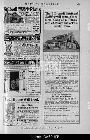 Keith’s Magazine, das 1916 vom Architekten Max L. Keith veröffentlicht wurde, zeigt Hausentwürfe, Grundrisse und Baukosten. Es enthält Artikel über Wohngebäude, Inneneinrichtung und Landschaftsgestaltung sowie Anzeigen für Möbel und Materialien. Einige Ausgaben bieten Pläne für Kirchen und Schulen. Bei mehreren Volumes fehlen bestimmte Seiten. Stockfoto