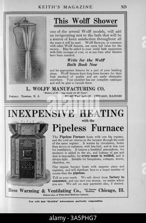 Keith’s Magazine, 1916, ist eine Publikation des Minneapolis-Architekten Max L. Keith, die Wohnentwürfe mit detaillierten Grundrissen, Illustrationen und Kostenschätzungen anbietet. Es verfügt über verschiedene Architekturstile sowie Artikel über Inneneinrichtung, Landschaftsgestaltung und Wohngebäude. Das Magazin enthält auch Anzeigen für Wohnmöbel und -Materialien sowie einige Pläne für Kirchen und Schulen. Stockfoto