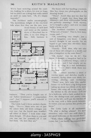 Keith’s Magazine, eine Publikation von Max L. Keith aus dem Jahr 1916, liefert Grundrisse und Kostendetails für Häuser in verschiedenen Architekturstilen. Das Magazin enthält Inhalte zu Wohnbau, Innenarchitektur und Landschaftsarchitektur sowie Anzeigen für Baumaterialien und Möbel. Stockfoto